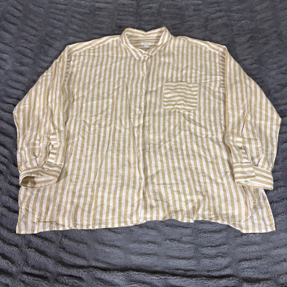 J. Jill Love Linen Striped Button Down Shirt XL Tan White Long Sleeve Oversized